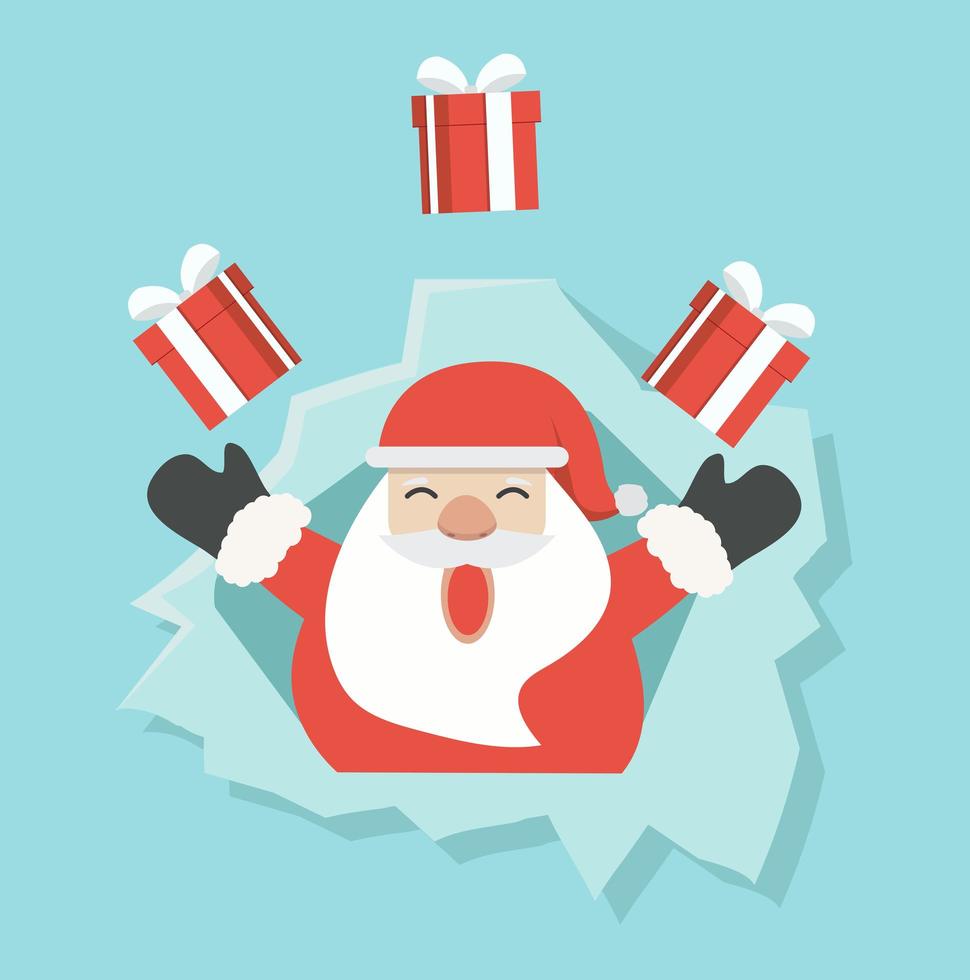 Weihnachtsmann mit Geschenk in zerrissenem Papierloch vektor