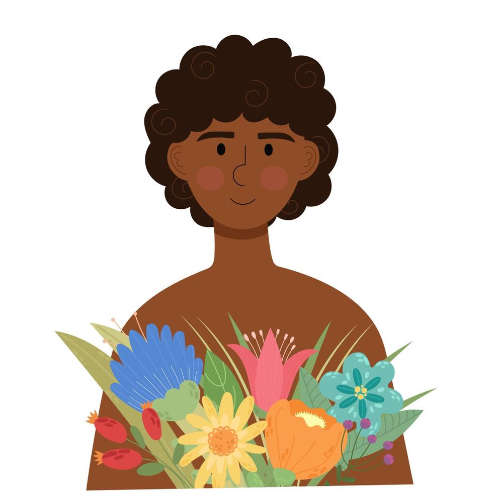 afro amerikan kvinna med bukett av blommor.glad kvinnors dag. Mars 8. vektor