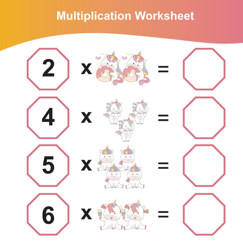 Multiplikationsarbeitsblatt für kinder. mathearbeitsblatt vorschule. Mathearbeitsblatt zum ausdrucken. vektor