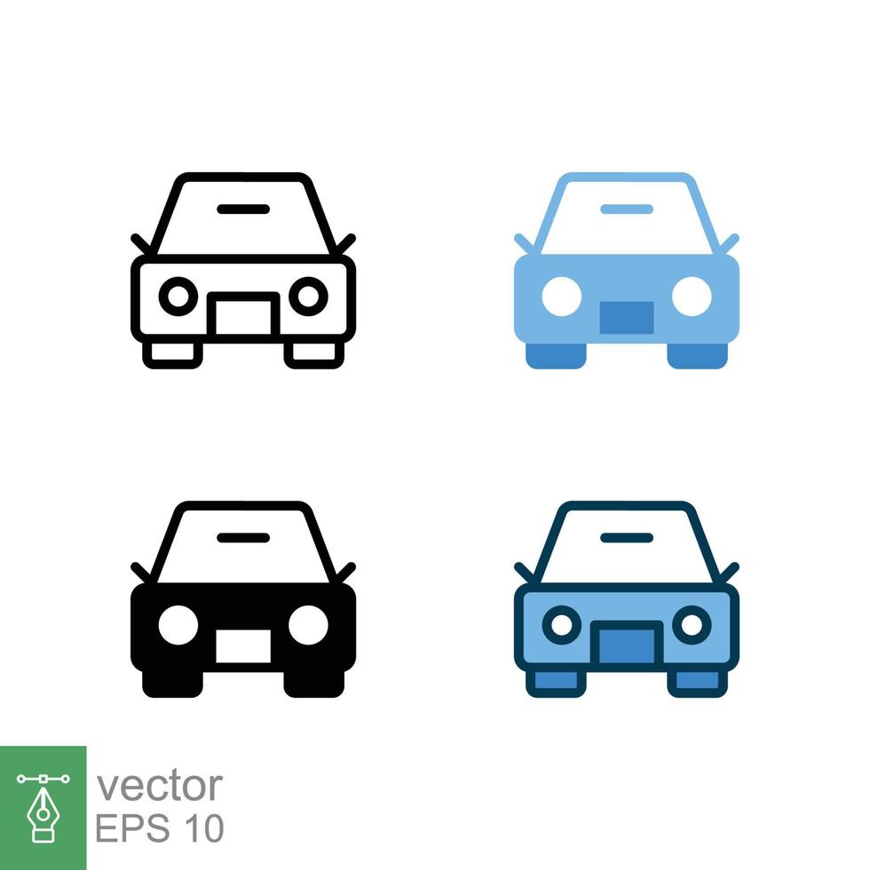 Autofront-Symbol in verschiedenen Stilen. Farbige und schwarze Vorderansicht-Vektorsymbole für Autos, die in gefülltem Umriss, Linie, Glyphe und solidem Stil entworfen wurden. Vektor-Illustration isoliert auf weißem Hintergrund. Folge 10 vektor