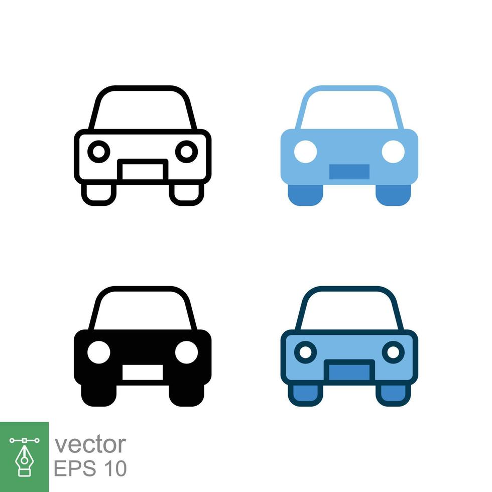 Autofront-Symbol in verschiedenen Stilen. Farbige und schwarze Vorderansicht-Vektorsymbole für Autos, die in gefülltem Umriss, Linie, Glyphe und solidem Stil entworfen wurden. Vektor-Illustration isoliert auf weißem Hintergrund. Folge 10 vektor