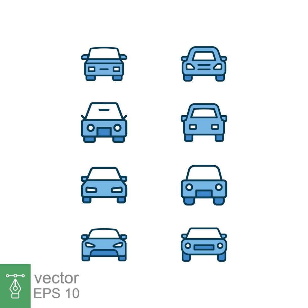 bil främre se ikon uppsättning. enkel fylld översikt stil tecken symbol. bil sport lopp, transport begrepp. vektor illustration samling isolerat på vit bakgrund. eps 10.