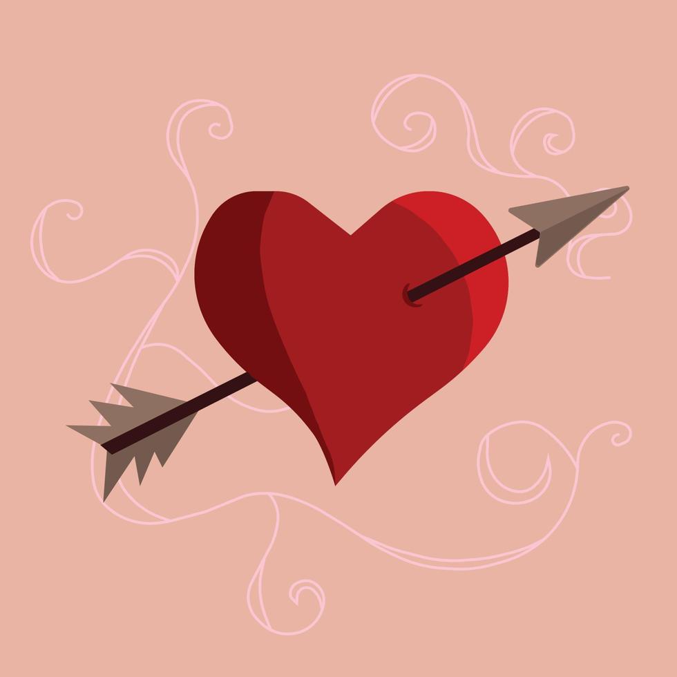 minimalistisk fyrkant vektor illustration med röd hjärta och pil på biege. kan vara Begagnade som hjärtans dag kort, hälsning kort, fest inbjudan, bröllop, skriva ut, social media mall