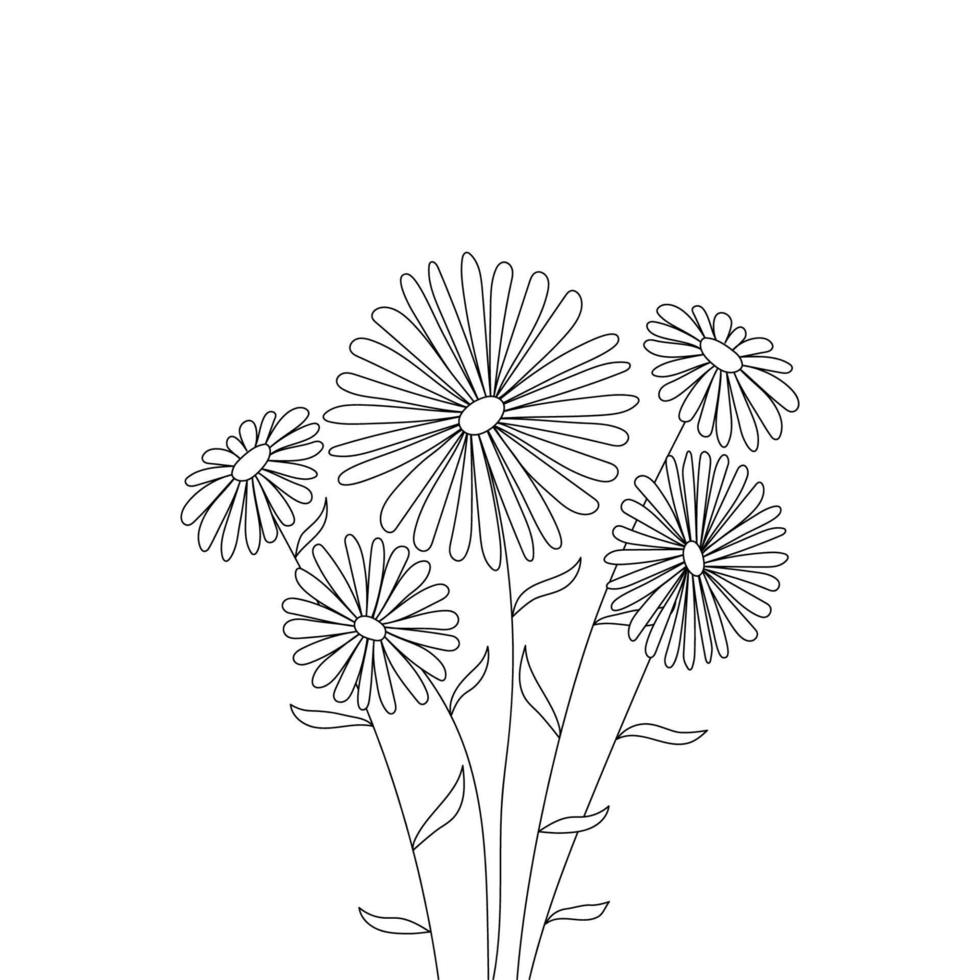 fünf Gänseblümchen mit einer Linie auf weißem Hintergrund gezeichnet. Vektor Blumenstrauß. Färbung