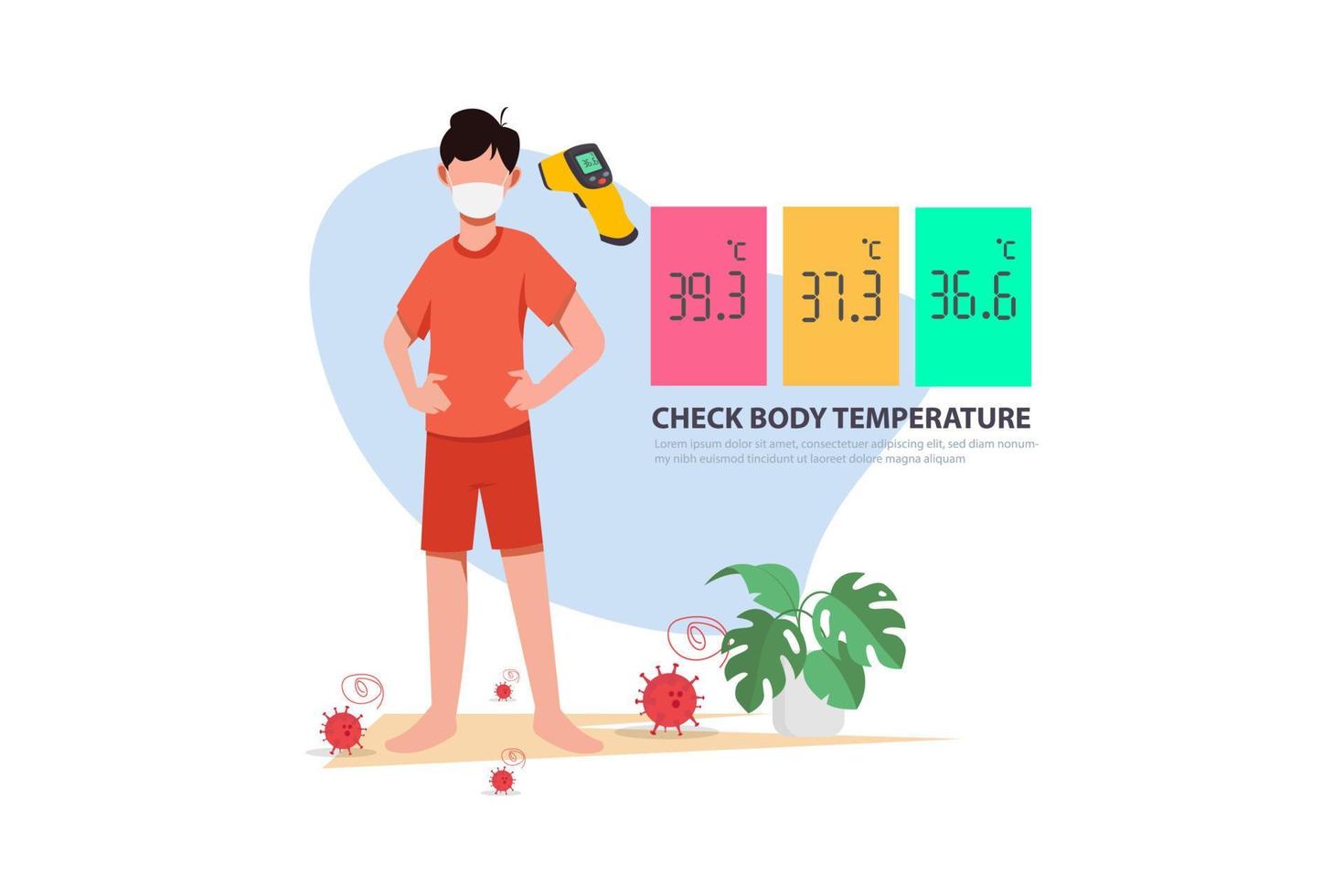 überprüfen sie die körpertemperatur, bevor sie den öffentlichen bereich betreten, um das coronavirus im flachen stil zu bekämpfen, covid-19-strategie vektor