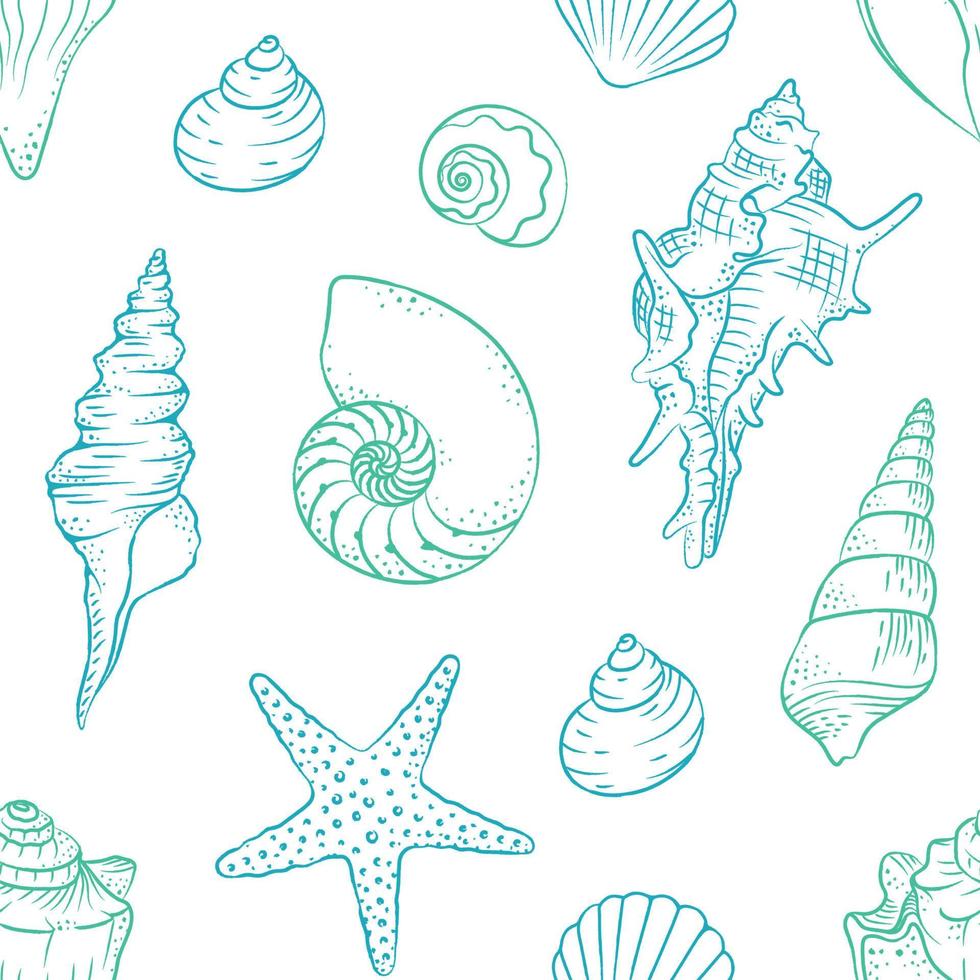 Muscheln und Seesterne Musterdesign Hintergrund Vektor-Illustration. niedliche aquatische meereslebewesen-gekritzeltapeten vektor