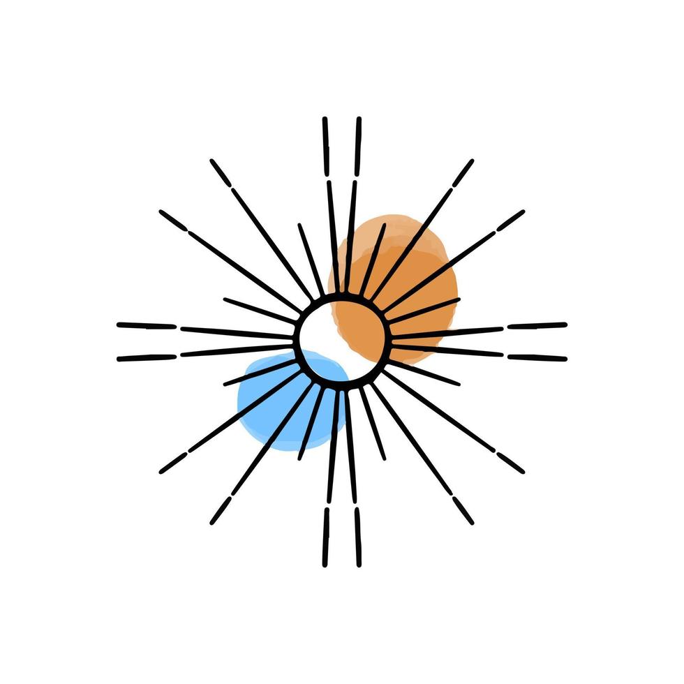 vektorillustration der abstrakten sonnenhand gezeichnet in schwarze linie. farbige Flecken von Aquarellfarbe. Logo für Isoterik, Himmelskörper, Astrologie. vektor