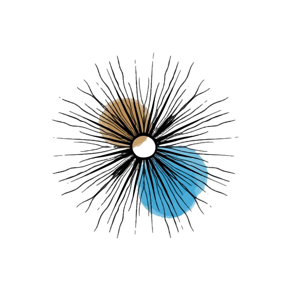 vektor illustration av abstrakt Sol hand dragen i svart linje. färgad fläckar av vattenfärg måla. logotyp för isoterik, himmelsk kroppar, astrologi.