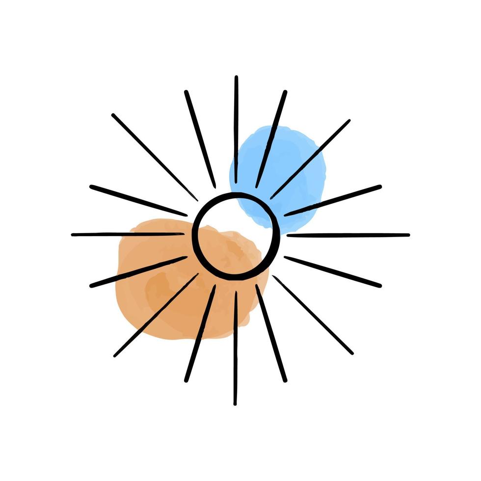 vektorillustration der abstrakten sonnenhand gezeichnet in schwarze linie. farbige Flecken von Aquarellfarbe. Logo für Isoterik, Himmelskörper, Astrologie. vektor