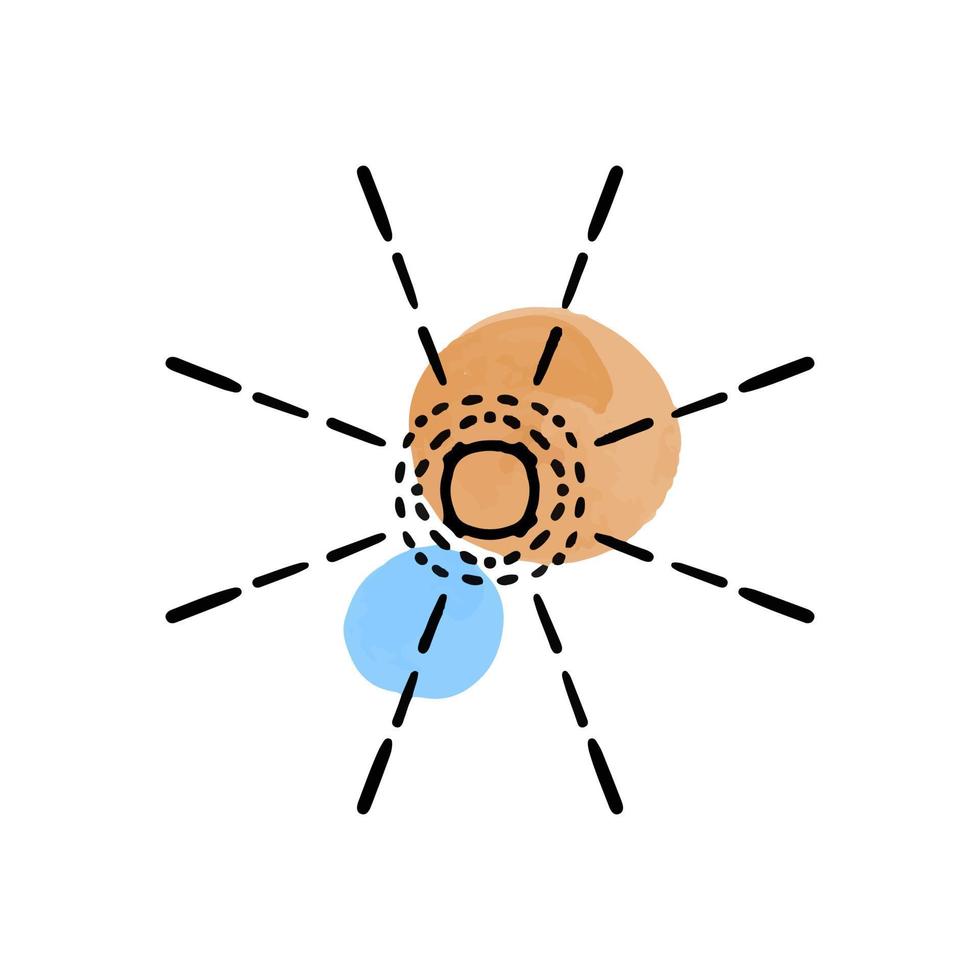 vektor illustration av abstrakt Sol hand dragen i svart linje. färgad fläckar av vattenfärg måla. logotyp för isoterik, himmelsk kroppar, astrologi.