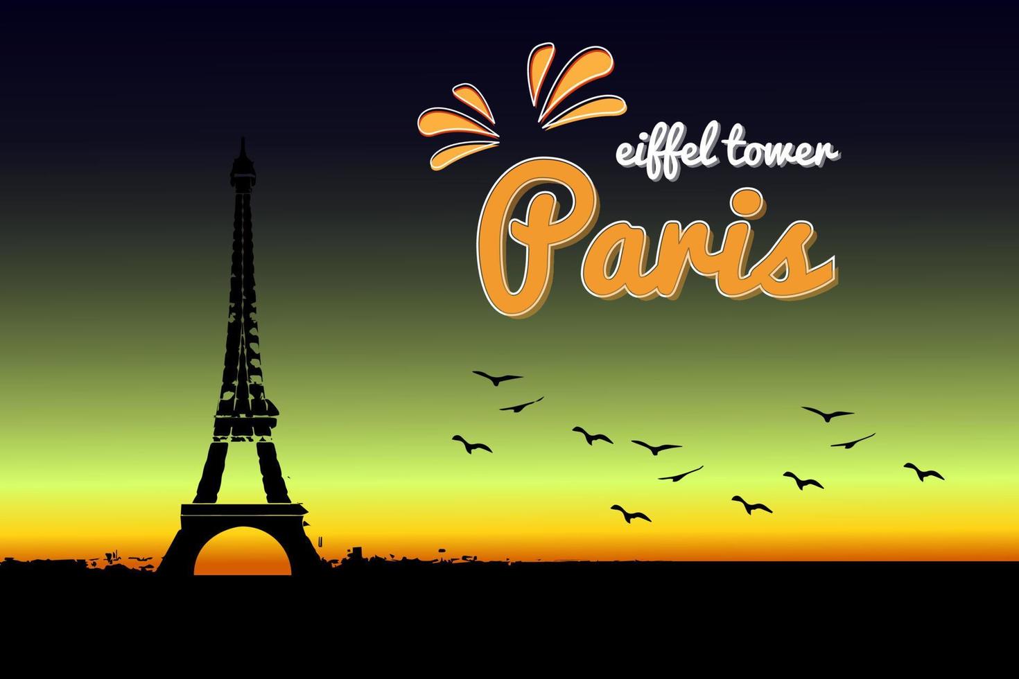 eiffelturm paris silhouette im sonnenuntergang mit vogelschwärmen. Plakatillustration kann für Hintergrund, Social-Media-Beitrag, Vorlage verwendet werden vektor