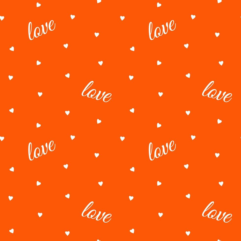 nahtloses Muster mit kleinen weißen Herzen und Schriftzug Liebe. vektorillustration des romantischen hintergrunds. valentinstagdesign für textil- und verpackungspapier. vektor