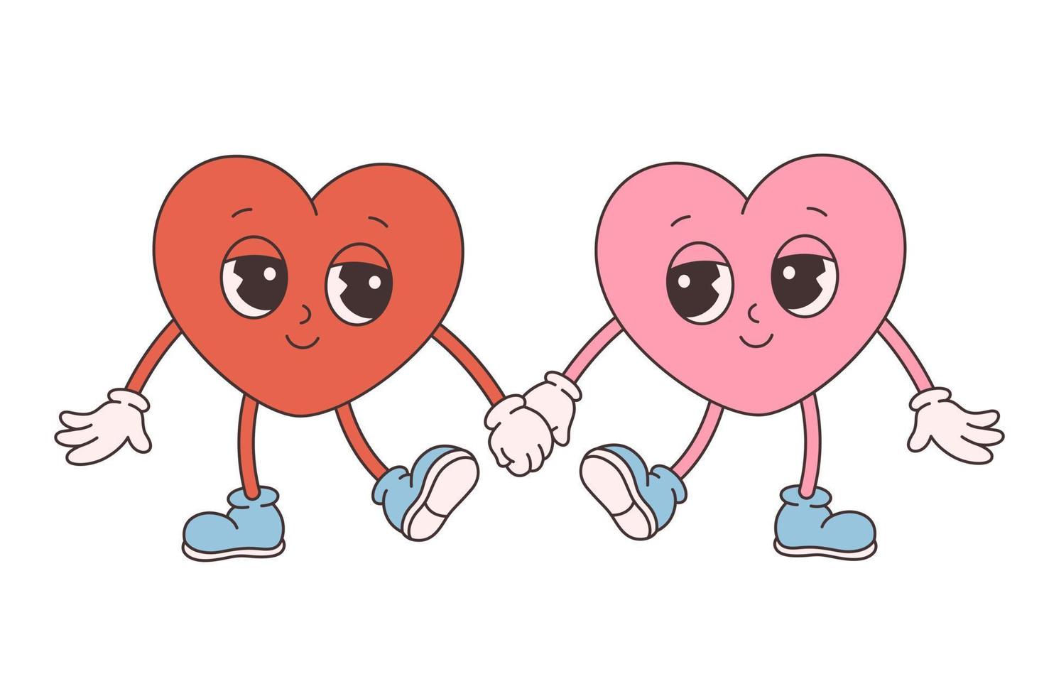 trendige Retro-Cartoon-Herzfiguren. grooviger Stil, Vintage, 70er-60er-Ästhetik. glücklicher valentinstag, schwules paar. vektor