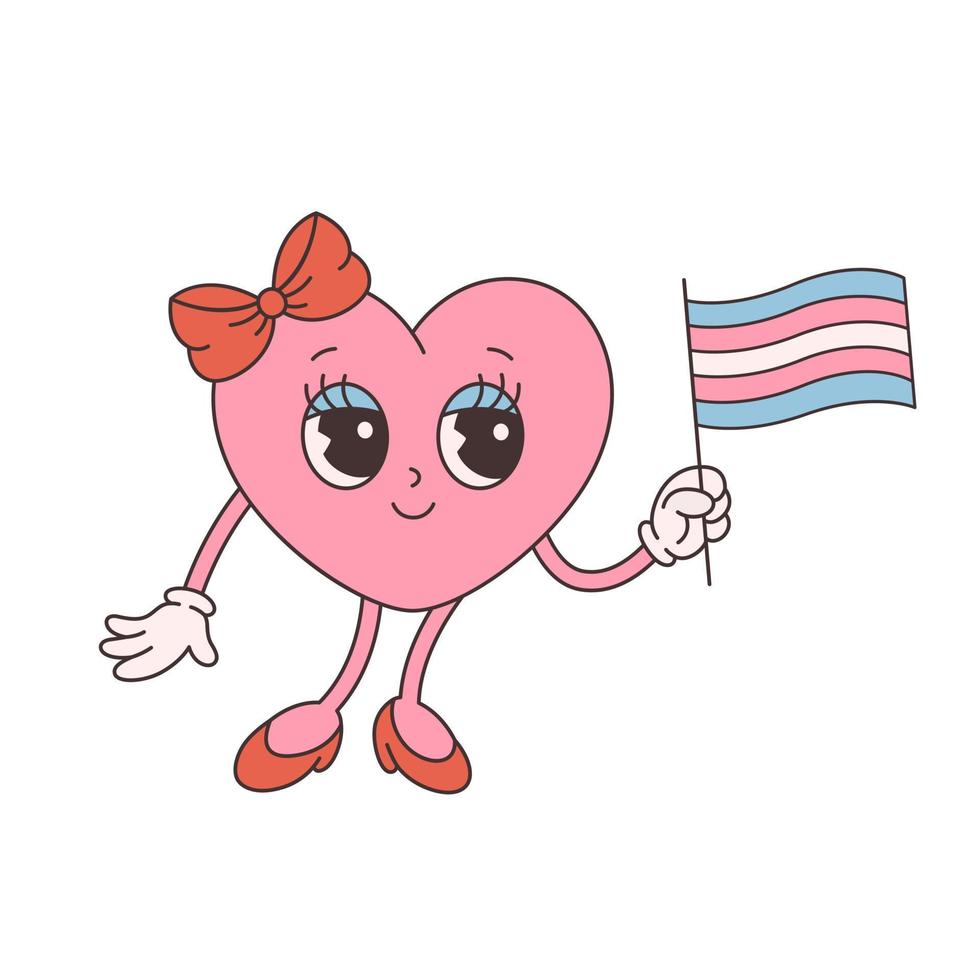 trendige Retro-Cartoon-Herzfigur. grooviger Stil, Vintage, 70er-60er-Ästhetik. valentinstag, lgbtq, transgender-flagge. vektor