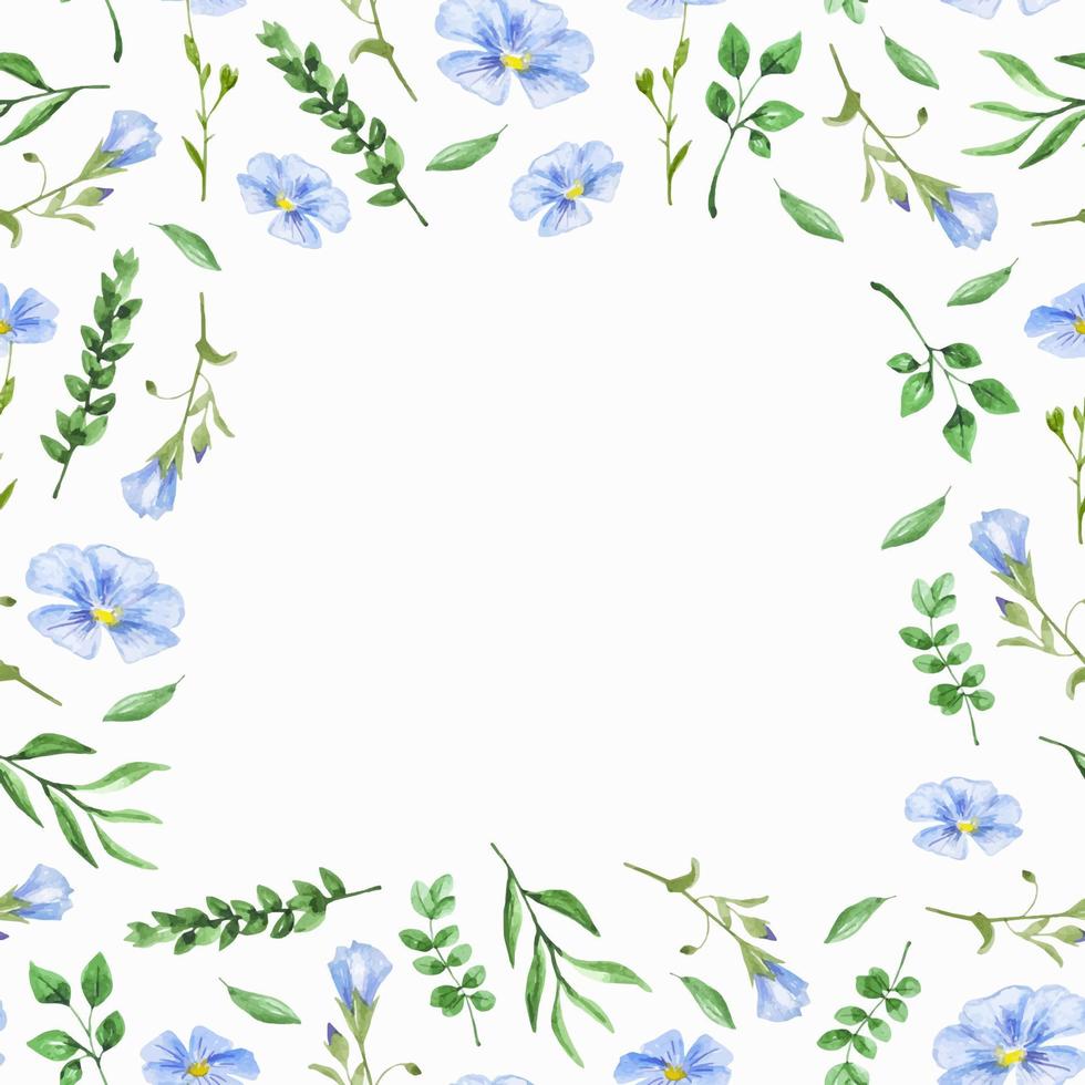 botanik blå blommor och löv vattenfärg mönster ram för servett, tyg, dekor, hälsning vektor