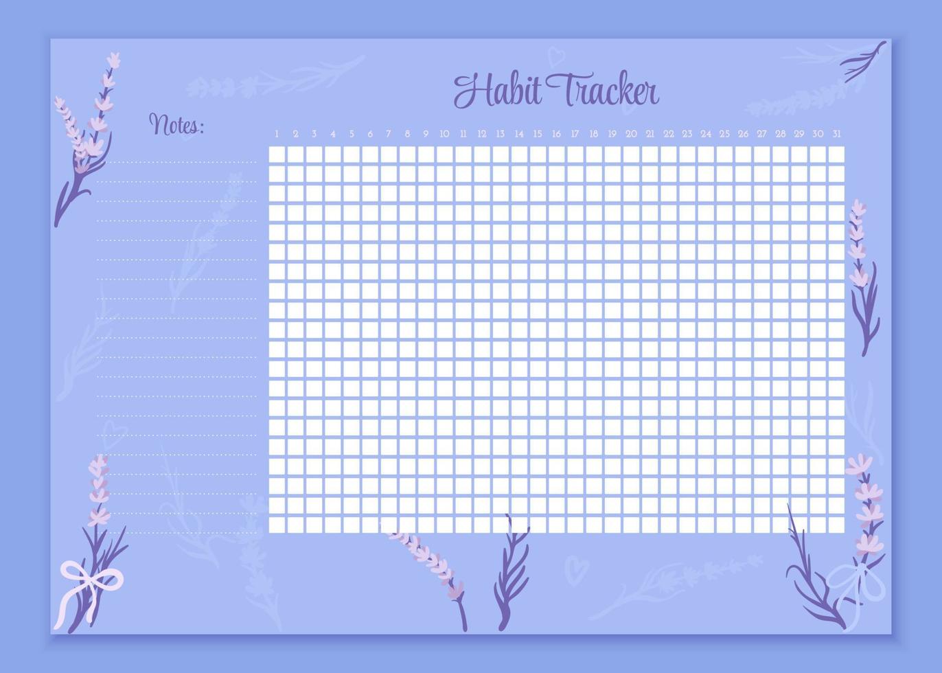 habit tracker leere seite a4. Business Organizer-Zeitplanseite für eine effektive Planung. Vorlage für das Bullet-Journal. Monatsplaner. Tagebuch zum Ausdrucken, für wichtige Ziele. elegante niedliche lavendelblume vektor