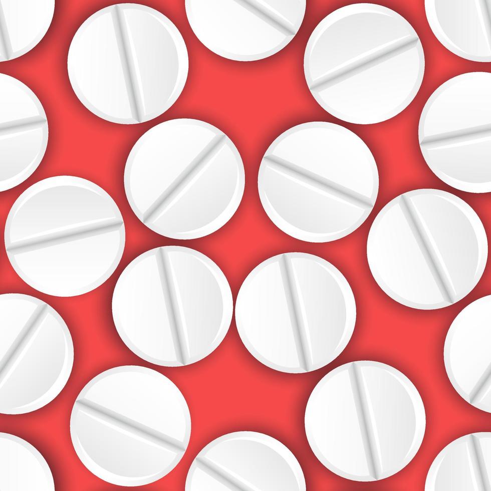 realistische Pillen. Aspirin, Paracetamol-Schmerztabletten. Vitaminkomplex, Heilmittel, medizinisches Gesundheitskonzept. runde weiße Pillen nahtloses Muster auf rotem Hintergrund für die Apotheke. vektor