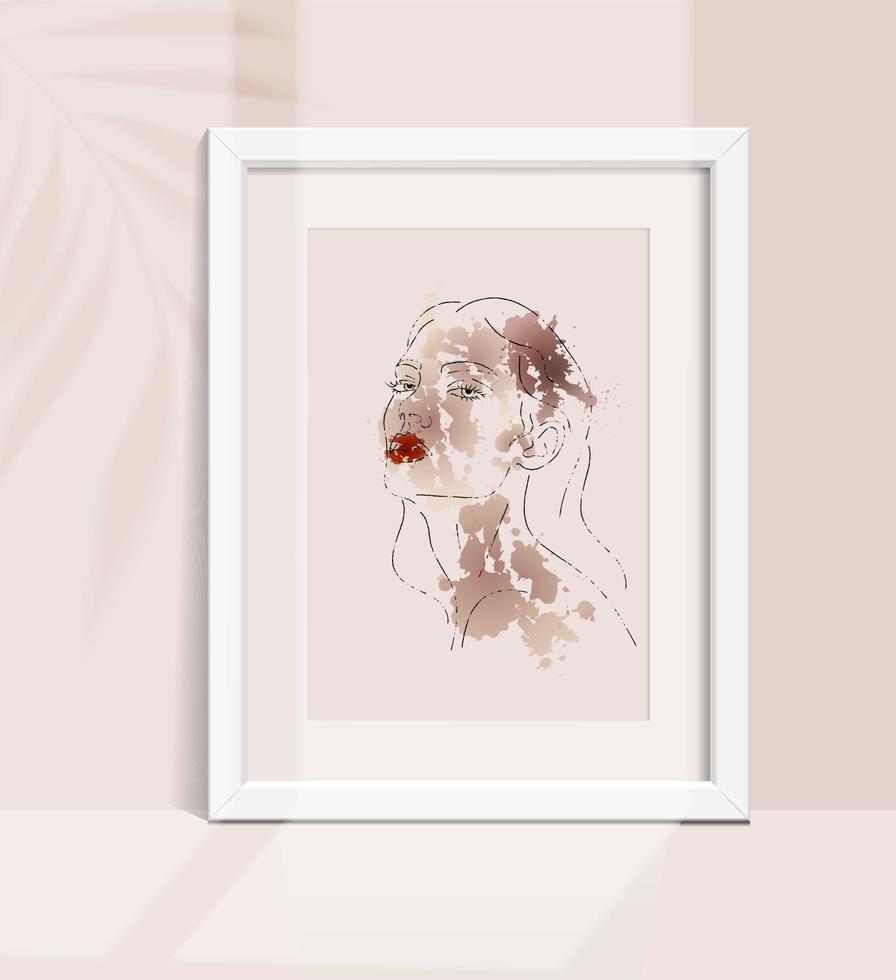 weibliches gesicht im trendigen kunststil. linie kunst eleganten stil der aquarellfarbe bildvorlage. schöne Frau Gesicht Kontur Grunge Pinsel Vektor-Illustration. Rahmenmodell an der Wand mit Pflanzenschatten vektor