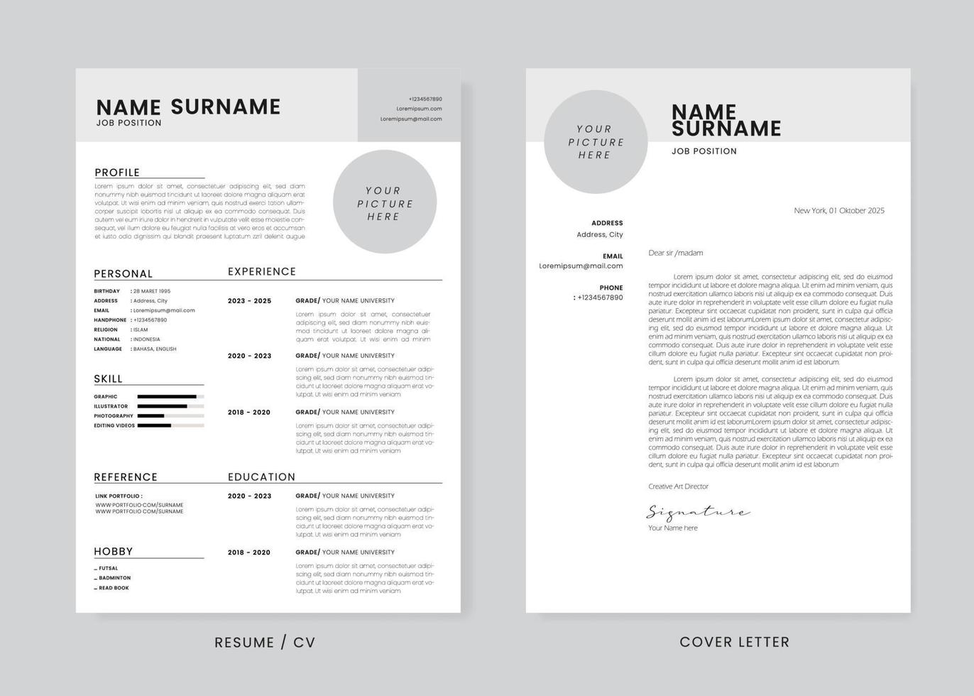 minimalistisk CV återuppta och omslag brev design mall. super rena och klar professionell modern design. eleganta minimalistisk element och ikoner med mjuk grå Färg - vektor mall.
