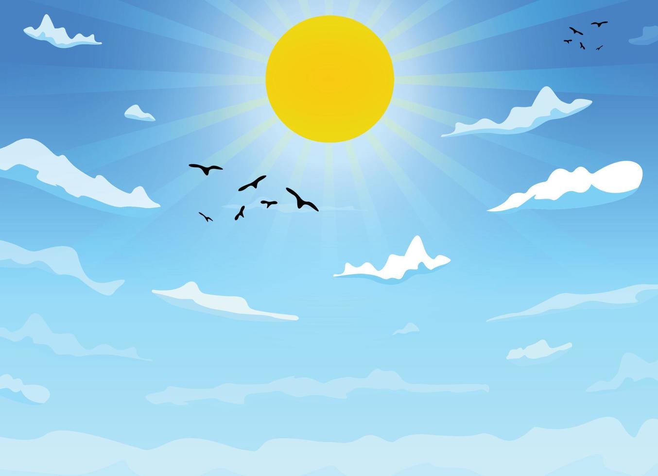 Vektor Tag Landschaft Cartoon Himmel Wolken, Krähe, Sonne und Sonnenstrahlen Hintergrunddesign.