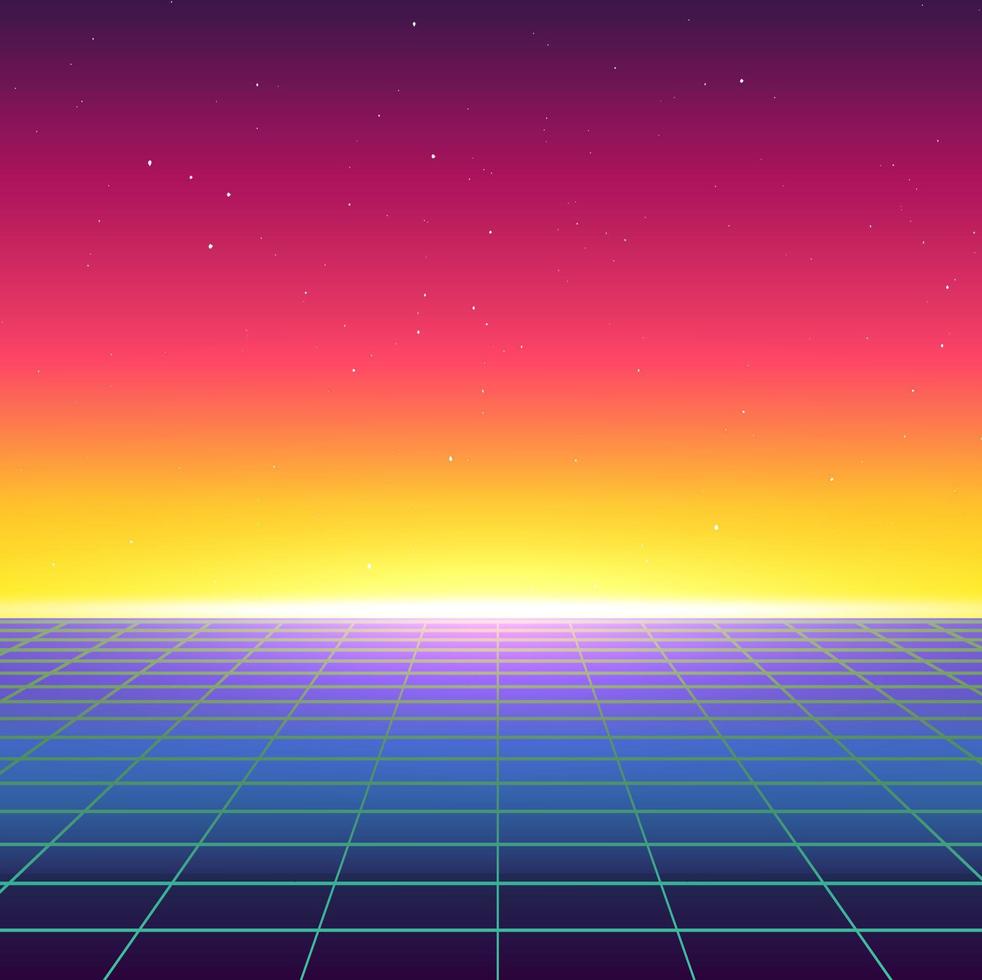 Synthwave-Retro-Landschaft im Stil der 80er Jahre. Grafik für Retro-Wave-Musik. Album-Cover. Skyline-Design von 1984. futuristische Illustration vr 3d für Druck. abstrakte bunte Tapete. vektor