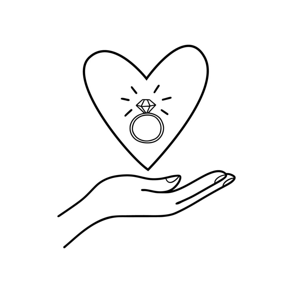 romantisk alla hjärtans dag. hand med en hjärta och en ringa. doodle-stil design element för hjärtans dag på februari 14. vektor. vektor