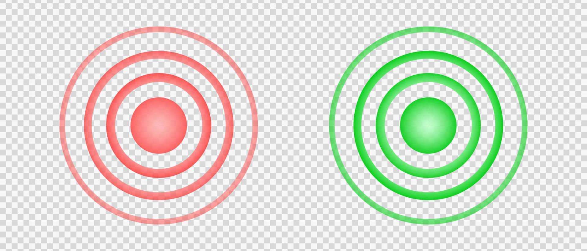 koncentrisk röd och grön tecken. smärta och läkning poäng. ont och smärtstillande symboler. runda lokalisering ikoner. radar, ljud eller ekolod Vinka vektor