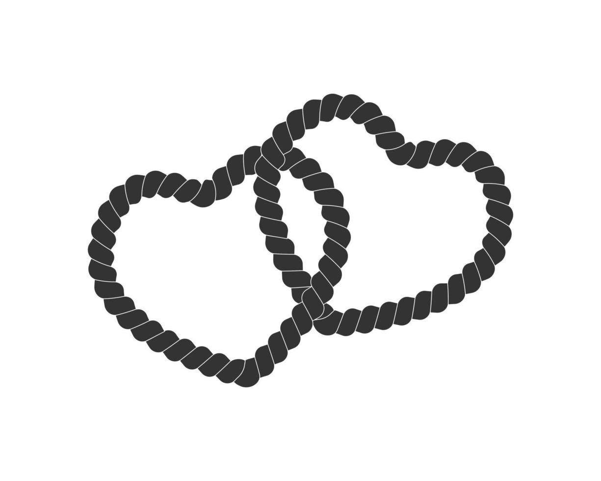 zwei ineinander verschlungene herzförmige Seile. Schwarzes Kabel isoliert auf weißem Hintergrund. valentinstag design element im vintage nautischen stil vektor