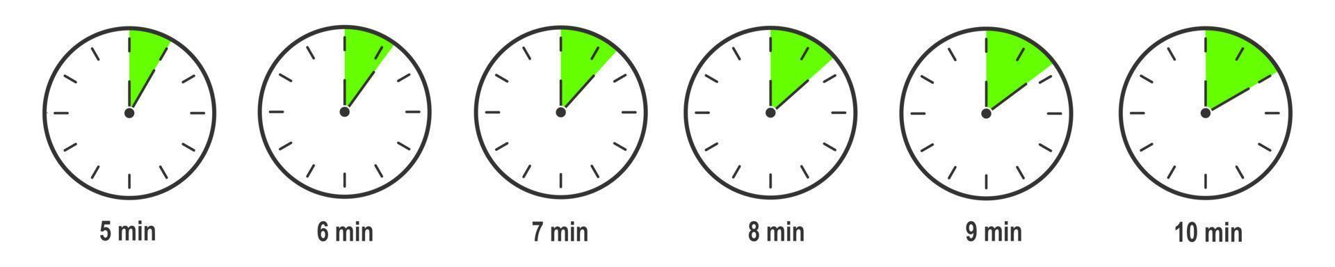 Timer-Symbole mit 5, 6, 7, 8, 9, 10 Minuten Zeitintervall. Countdown-Uhr oder Stoppuhr-Symbole. Infografik-Elemente für Kochvorbereitungsanweisungen vektor