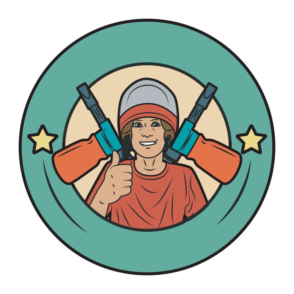 maskottchen-logo eines mannes, der einen glücklichen helm im ok-stil für die auto- und motorradwäsche trägt. Retro-Logo für Autowäsche vektor