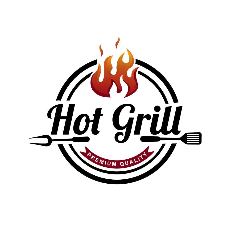 Grill-Vintage-Logo-Konzept. grillwerkzeug mit feuerflammenstempelvorlage. Vektor-Illustration vektor