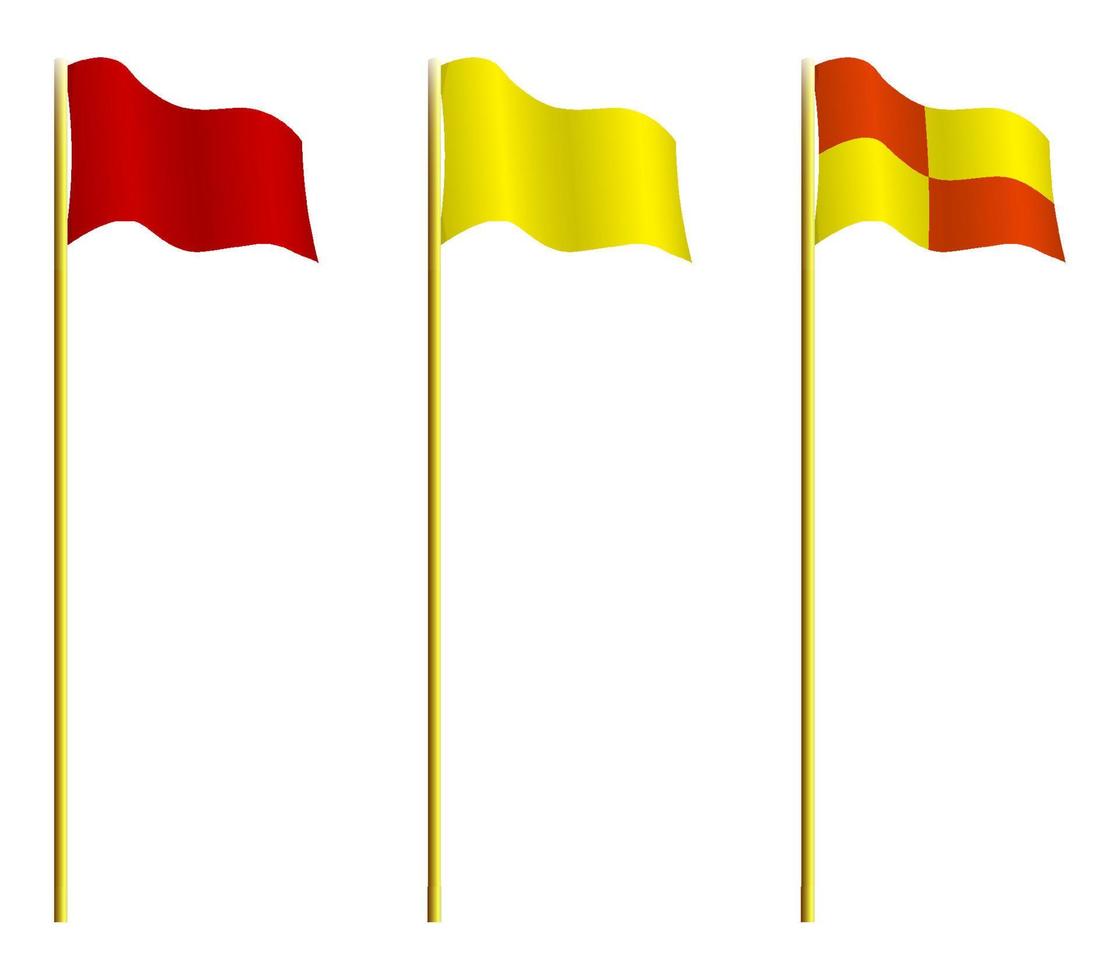rechteckige rote, gelbe und karierte Fußballflagge auf der Stange. Fahnen an den Ecken des Fußballplatzes. aktiver Lebensstil. Vektor isoliert auf weißem Hintergrund