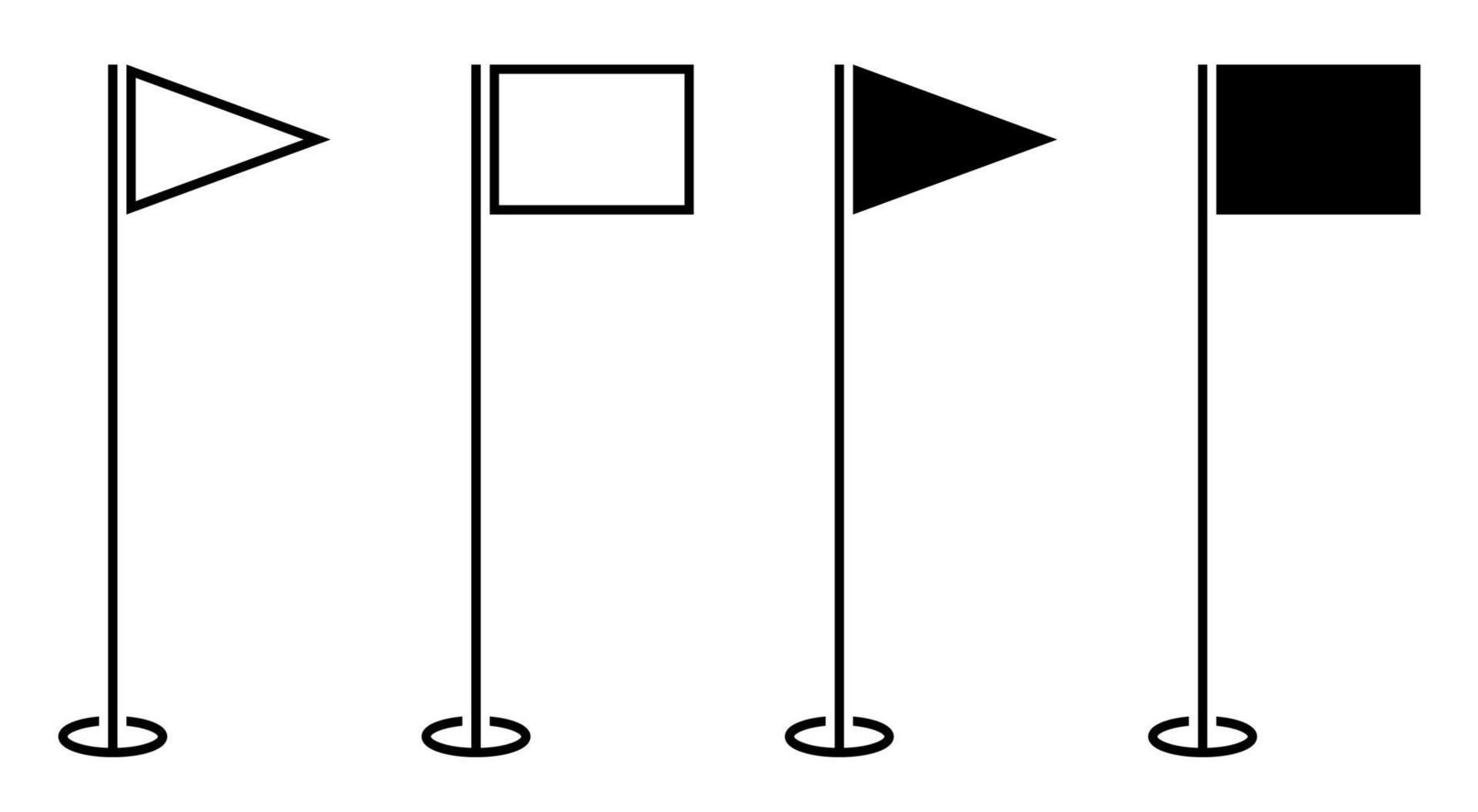 Reihe von Symbolen, dreieckig und abschließende Golffahne auf der Stange. Golfloch auf mit Fahne markiertem Platz. aktiver Lebensstil. Vektor isoliert auf weißem Hintergrund
