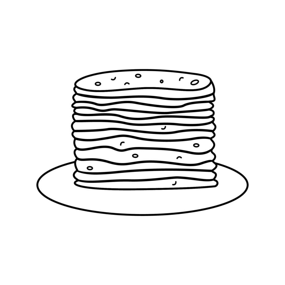 Ein Stapel dünner Pfannkuchen auf einem Teller, Vektor-Doodle-Illustration. Leckeres Gebäck zum Frühstück, Leckereien zur Faschingszeit. vektor
