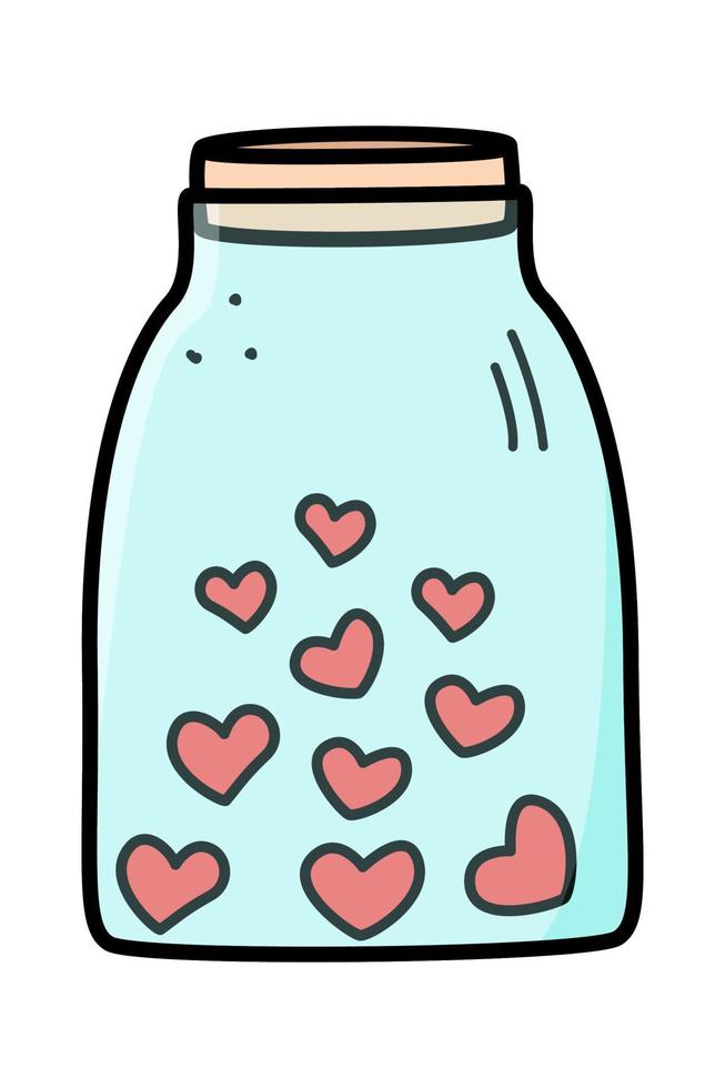 Glas mit Herzen, Vektor-Doodle-Illustration. ein Geschenksymbol des Valentinstags. vektor