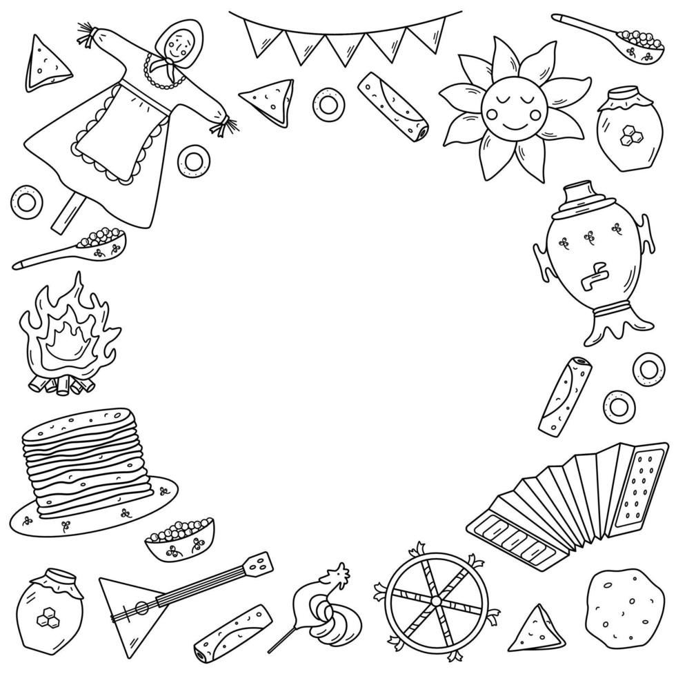 eine Reihe von Doodle-Elementen des Pfannkuchentages. vektorillustration von symbolen des traditionellen russischen feiertags maslenitsa. Sonne, Vogelscheuche, Akkordeon-Balalaika, Samowar vektor