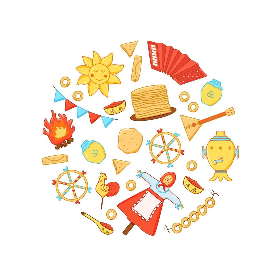 en uppsättning av element av pannkaka dag i de form av en cirkel. vektor illustration av ikoner av de traditionell ryska Semester maslenitsa