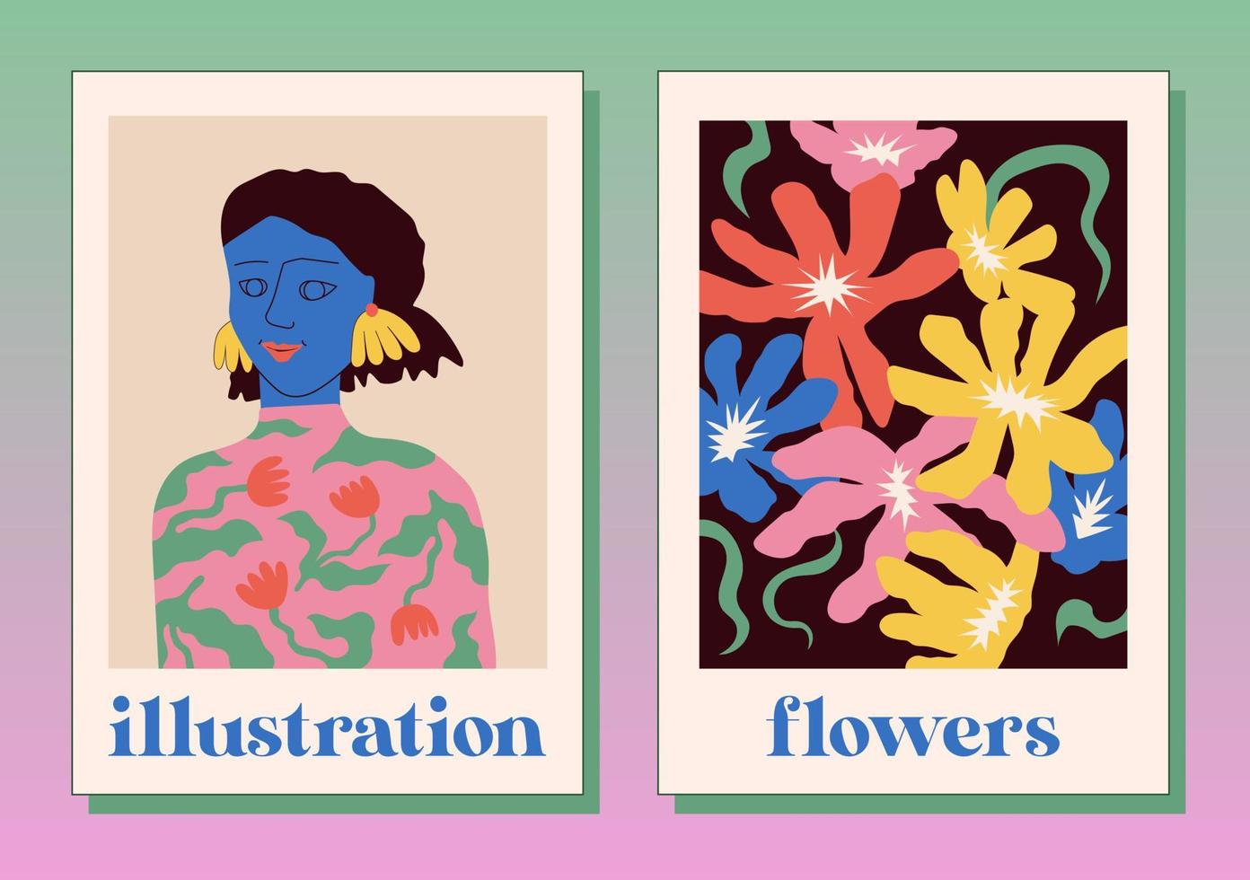 modern målningar för de interiör med blommor, en flicka. teckning stil. färgrik illustrationer av fortfarande liv med blommor, en flicka och frukt för täcker, bilder. interiör målning. platt desig vektor