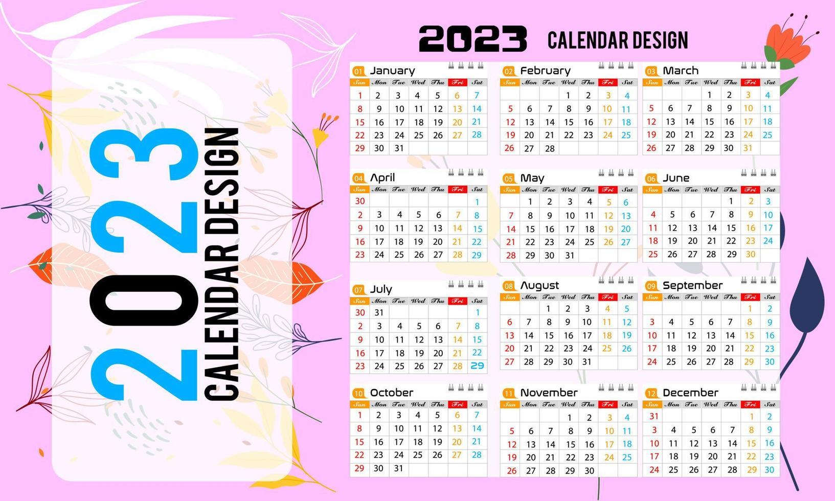 vägg kalender 2023 kreativ design, enkel en gång i månaden vertikal datum layout för 2023 år i engelsk. 12 månader kalender mallar, modern ny år kalender design. företags- eller företag kalender. vektor