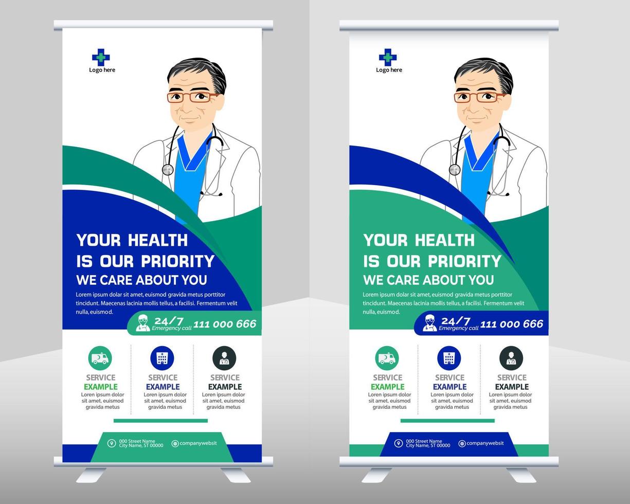 medizinisches Roll-up-Banner-Vektorvorlagendesign oder Umfrage-Aufsteller für Gesundheitskrankenhäuser. Rollup- und Standee-Design-Banner für das Gesundheitswesen und die Medizin. vektor