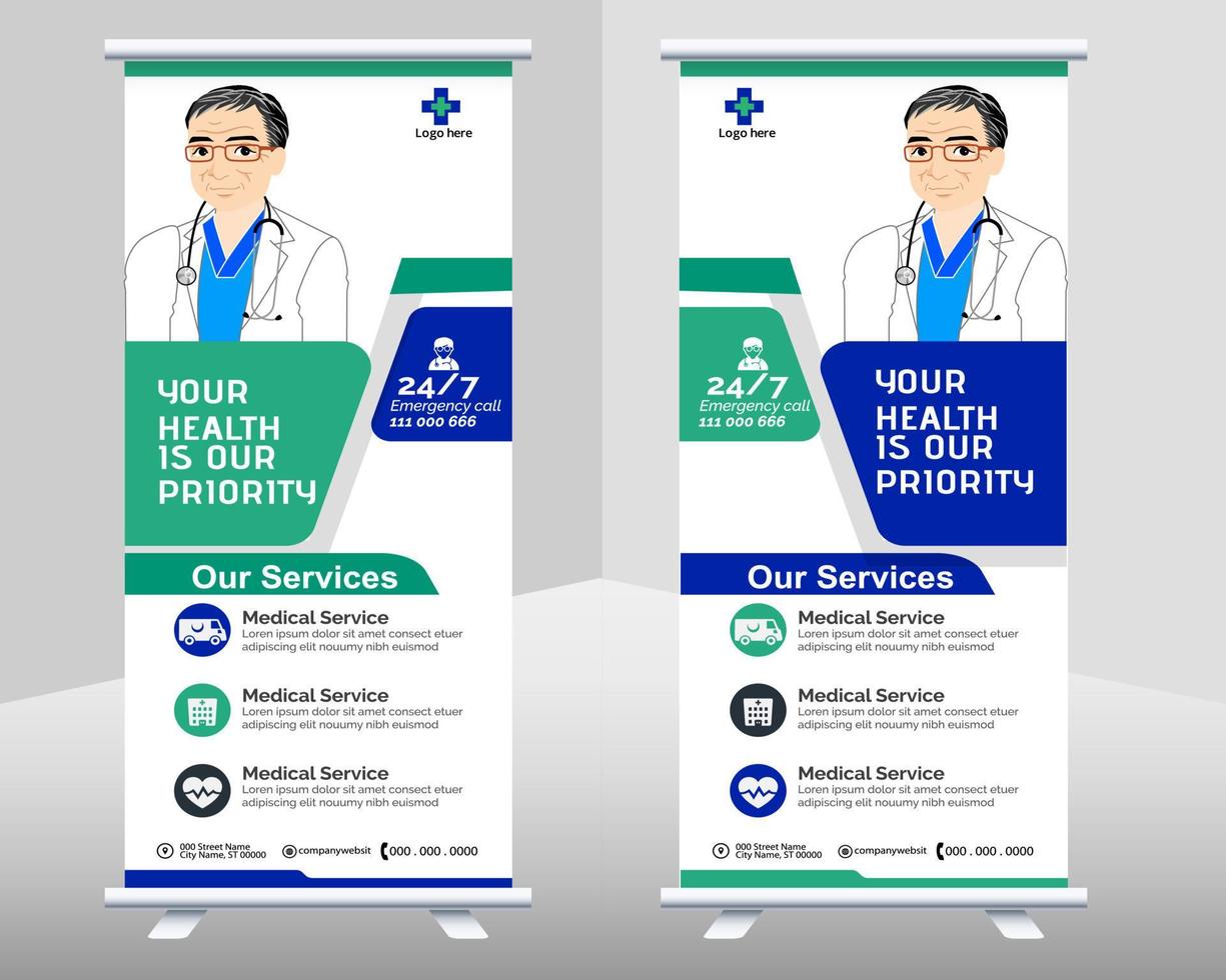 medizinisches Roll-up-Banner-Vektorvorlagendesign oder Umfrage-Aufsteller für Gesundheitskrankenhäuser. Rollup- und Standee-Design-Banner für das Gesundheitswesen und die Medizin. vektor