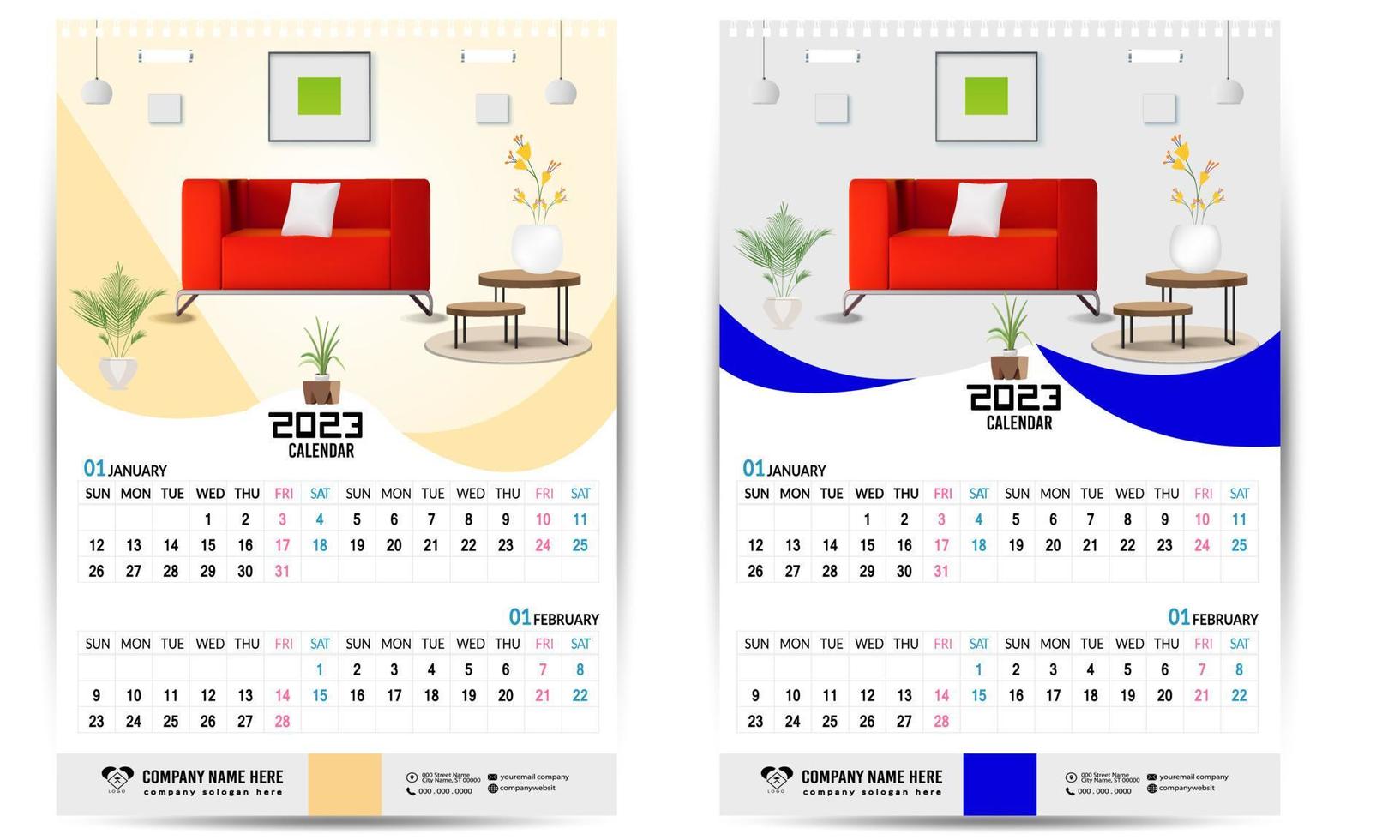 wandkalender 2023 kreatives design, einfaches monatliches vertikales datumslayout für das jahr 2023 in englisch. 12 Monate Kalendervorlagen, modernes Neujahrskalenderdesign. Unternehmens- oder Geschäftskalender. vektor