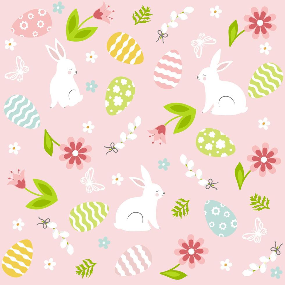 söt påsk sömlös mönster med kanin, blommor, fjäril och ägg. vektor
