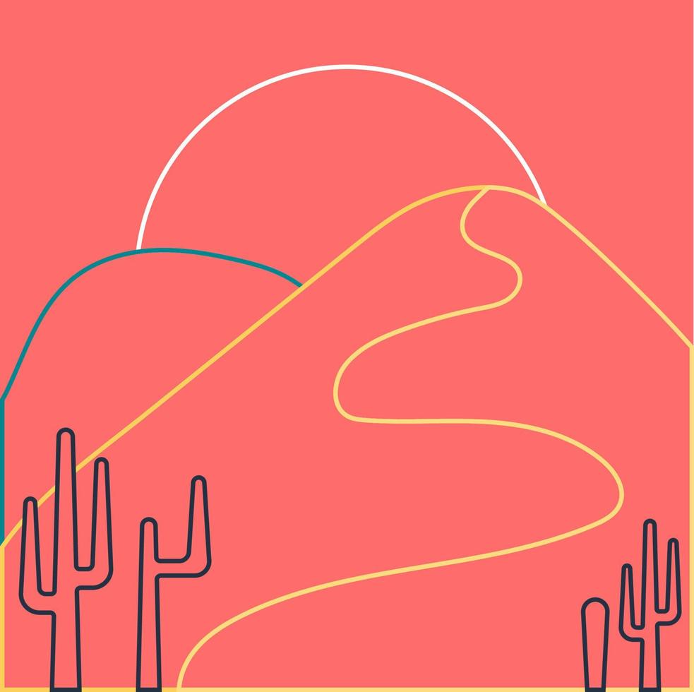 flaches abstraktes Symbol, Aufkleber, Knopf mit Wüste, Sonne, Kakteen, einzeiliger Stil vektor