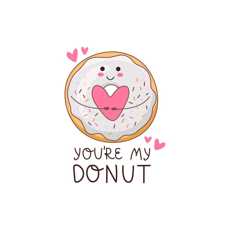 süßer, romantischer Donut mit einem Herz in den Händen und der Aufschrift - Du bist mein Donut. ein süßer Donut, der Wärme trägt. geeignet für Menüdesign, Grußkarten, Poster, Patches, Kleidungsdrucke vektor