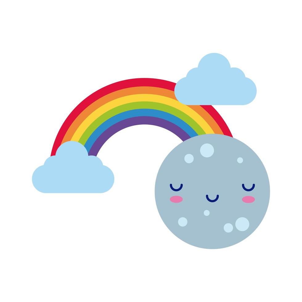 niedlicher Regenbogen mit Wolken und Mond kawaii flache Stilikone vektor