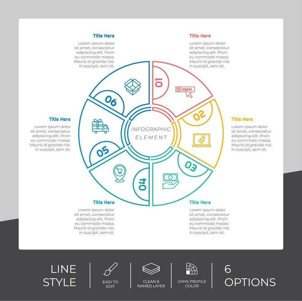 kreisprozess infografik vektordesign mit 6 schritten farbenfrohen stil für präsentationszwecke. linienschritt infografik kann für geschäft und marketing verwendet werden vektor