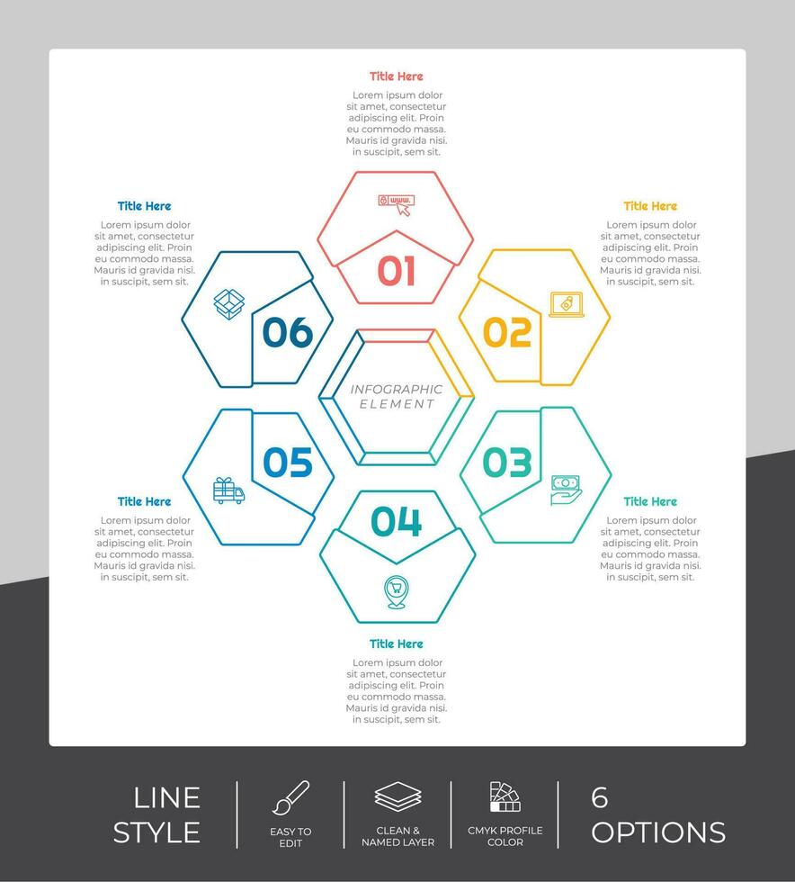 Hexagon-Prozess-Infografik-Vektordesign mit 6 Schritten farbenfrohen Stil für Präsentationszwecke. Linienschritt-Infografik kann für Unternehmen und Marketing verwendet werden vektor