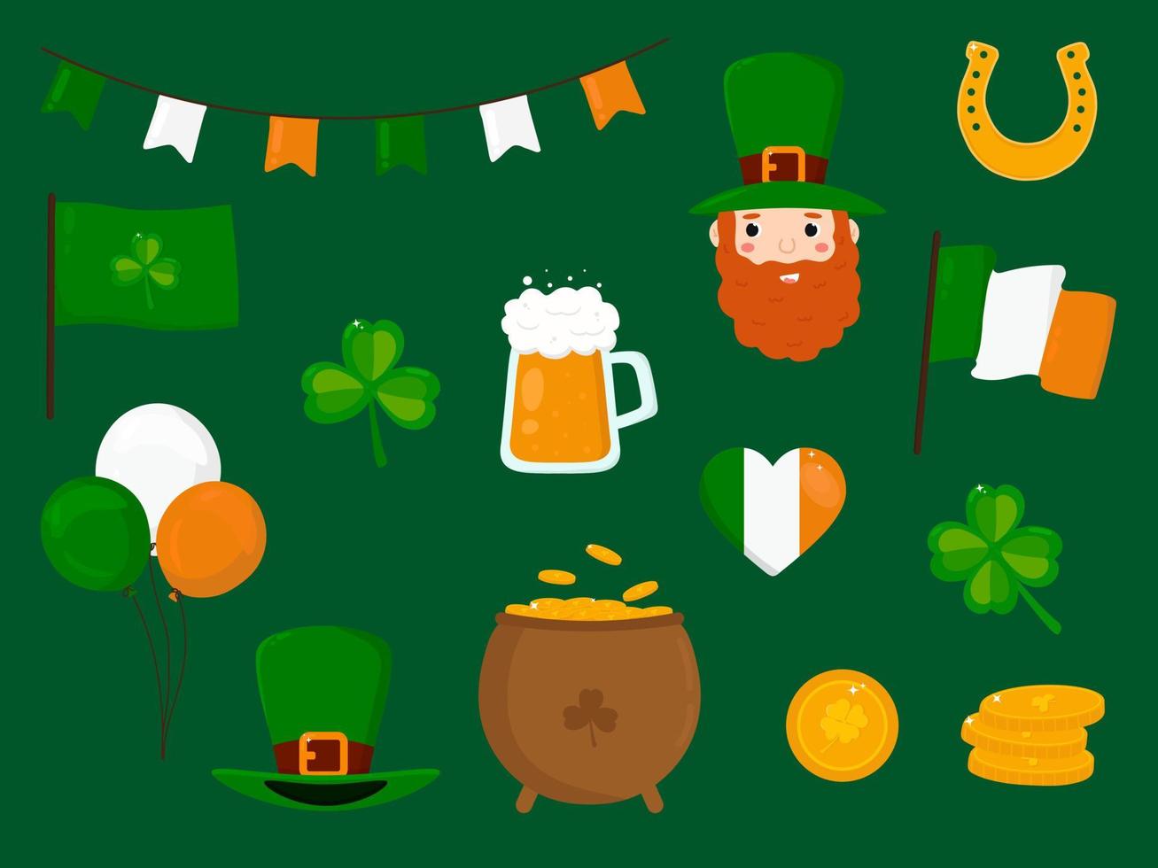 uppsättning av st. Patricks dag. vektor illustration i tecknad serie stil isolerat på grön bakgrund.