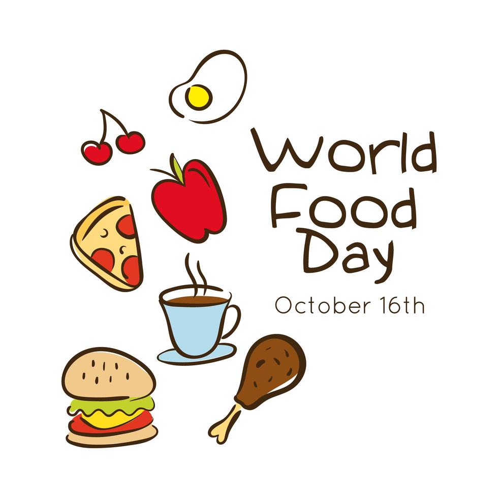 World Food Day Feier Schriftzug mit Fast Food Flat Style vektor